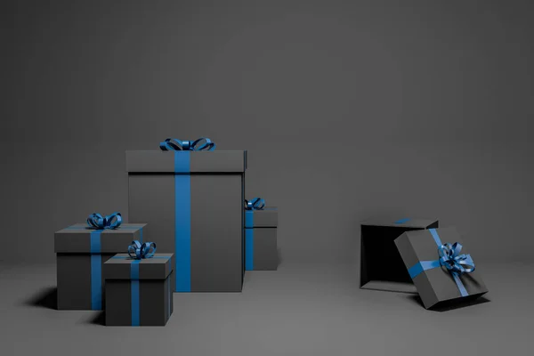Black present boxes of different sizes with blue ribbons standing in an empty black room. Concept of gifts and celebration. 3d rendering mock up