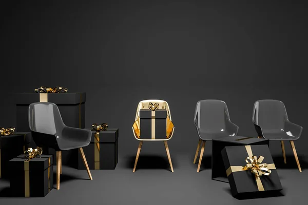 Quarto Preto Com Cadeiras Pretas Douradas Presentes Pretos Vazios Fechados — Fotografia de Stock