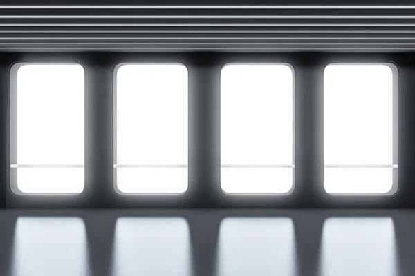 Futurisztikus Office Lobby Belső Szürke Falak Padló Tetőtéri Windows Űrhajó — Stock Fotó