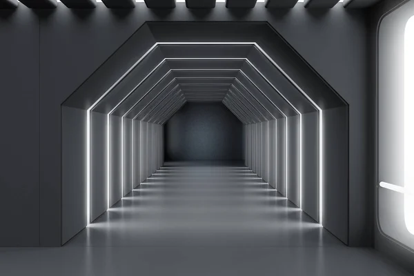 Grå Sexkantig Tunnel Med Glödande Taket Futuristiska Office Lobbyn Interiör — Stockfoto