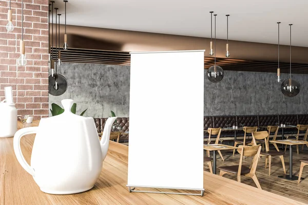 Bule Branco Sobre Mesa Café Perto Vertical Simular Banner Contra — Fotografia de Stock