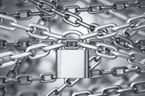 Steel Padlock Hanging Four Steel Chains Gray Background Interlocked Chains — Stock Photo, Image
