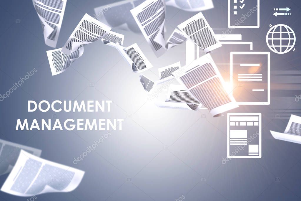 Document management text over gray background with papers swirling around and electronic document icons. 3d rendering toned image