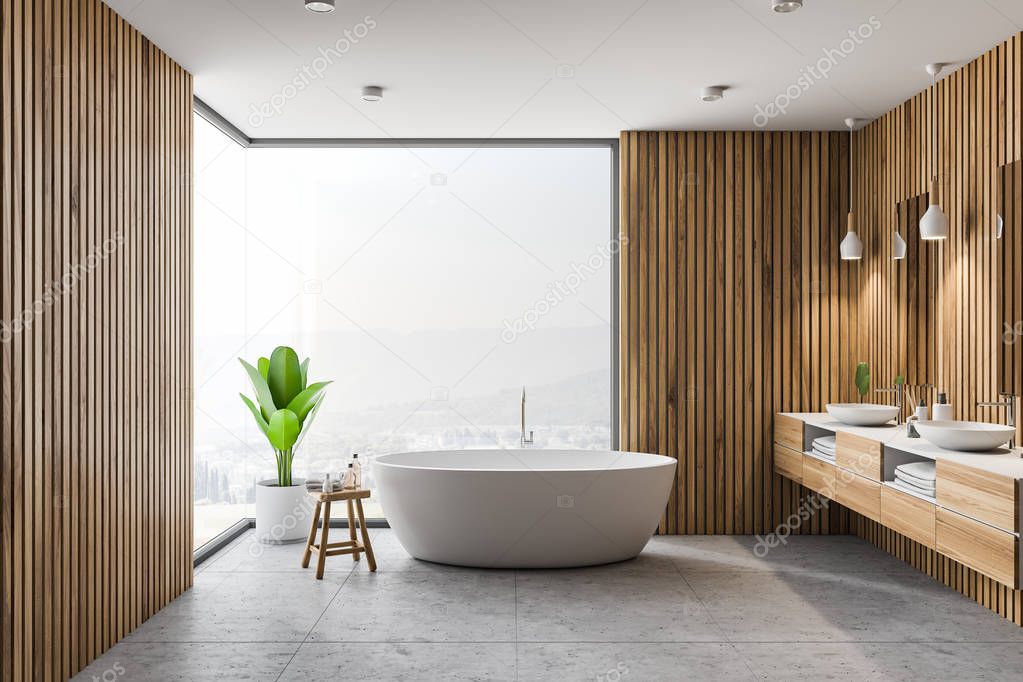 Modern bathroom interior with wooden walls, gray floor, white bathtub and double sink. Panoramic window. 3d rendering