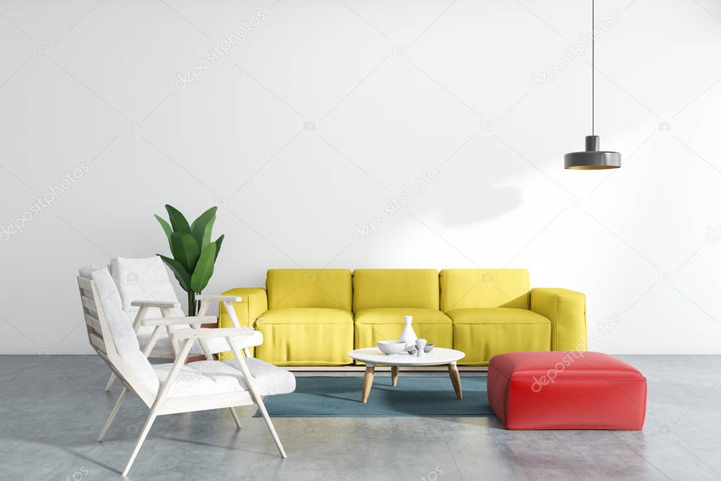 White living room interior with concrete floor, yellow sofa, white and red armchairs, and a coffee table. 3d rendering