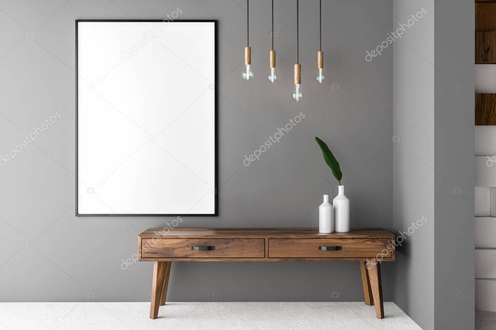 Gray wall living room interior with concrete floor and wooden cabinet with a vase on it. 3d rendering Vertical mock up poster frame