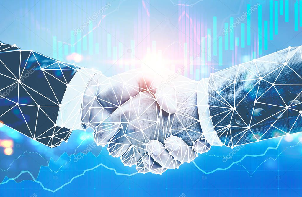 Handshake of two businessman over blue background. Glowing graphs in the foreground. Toned image double exposure
