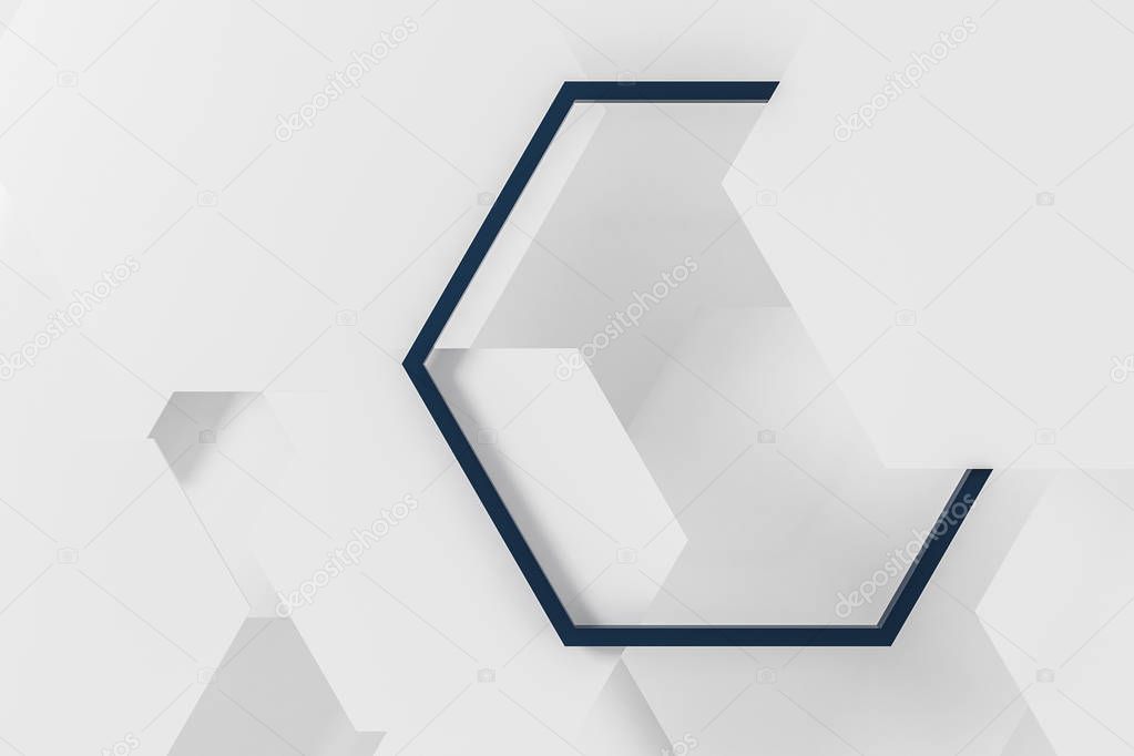White hexagons background with big dark blue hexagon in the center. Abstract image. Design and creativity concept. 3d rendering mock up