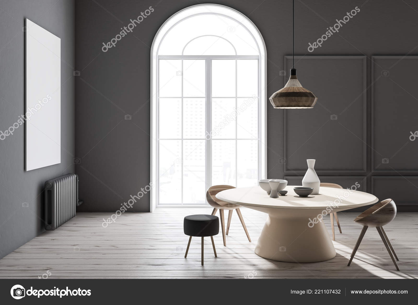 Modern Dining Room Interior Gray Walls Wooden Floor Table