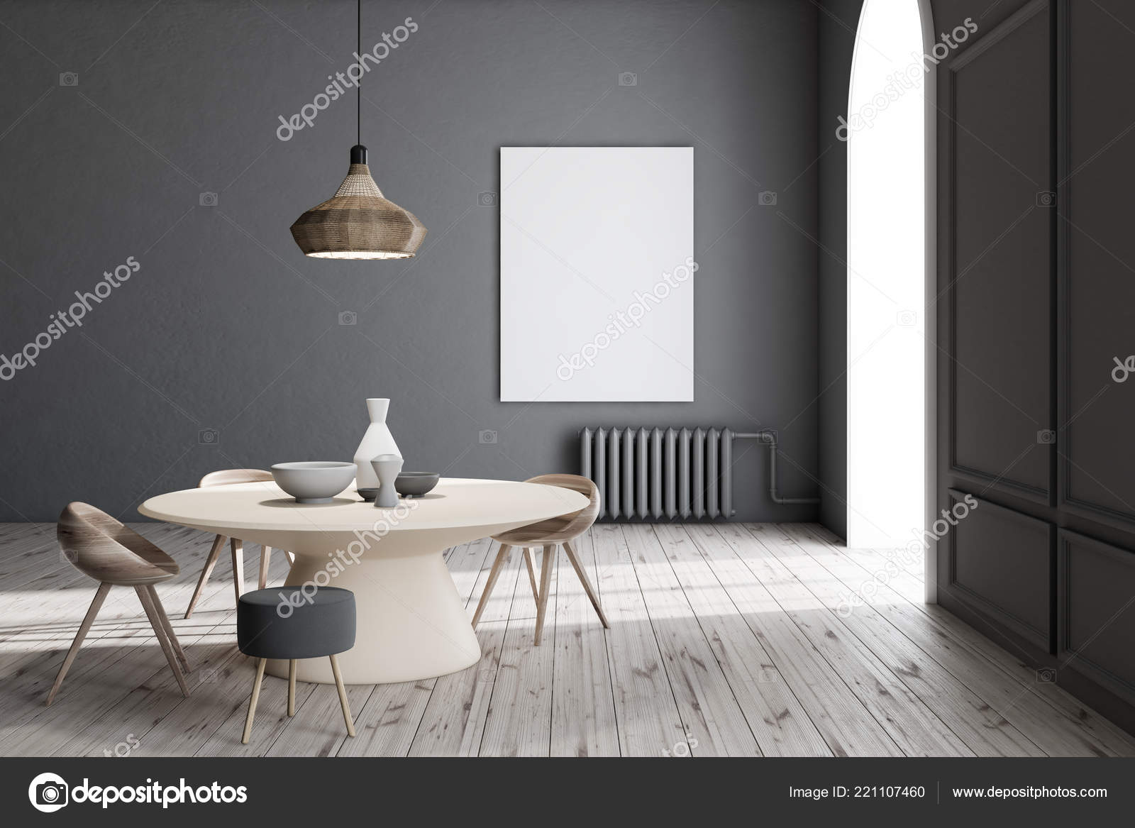 Modern Dining Room Interior Gray Walls Wooden Floor Table