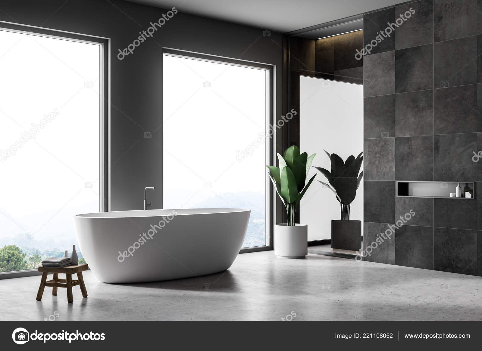 Esquina Del Cuarto Baño Moderno Con Bañera Blanco Piso Concreto ... Esquina Del Cuarto Baño Moderno Con Bañera Blanco Piso Concreto ...