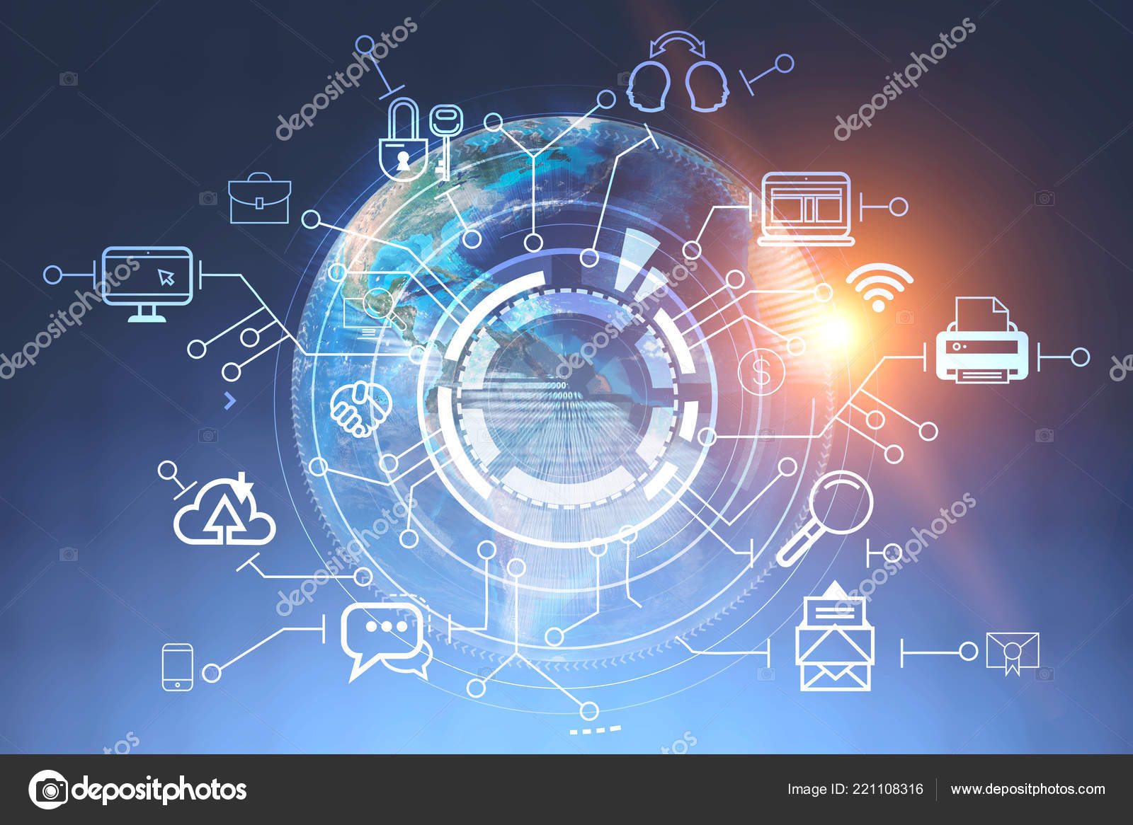 Business Communication Icons Hud Digital Earth Background Tech Concept  Rendering Stock Photo by ©denisismagilov 221108316