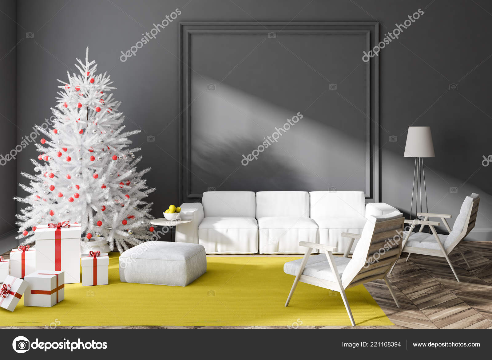 Mur Gris Salon Intérieur Avec Plancher Bois Tapis Jaune