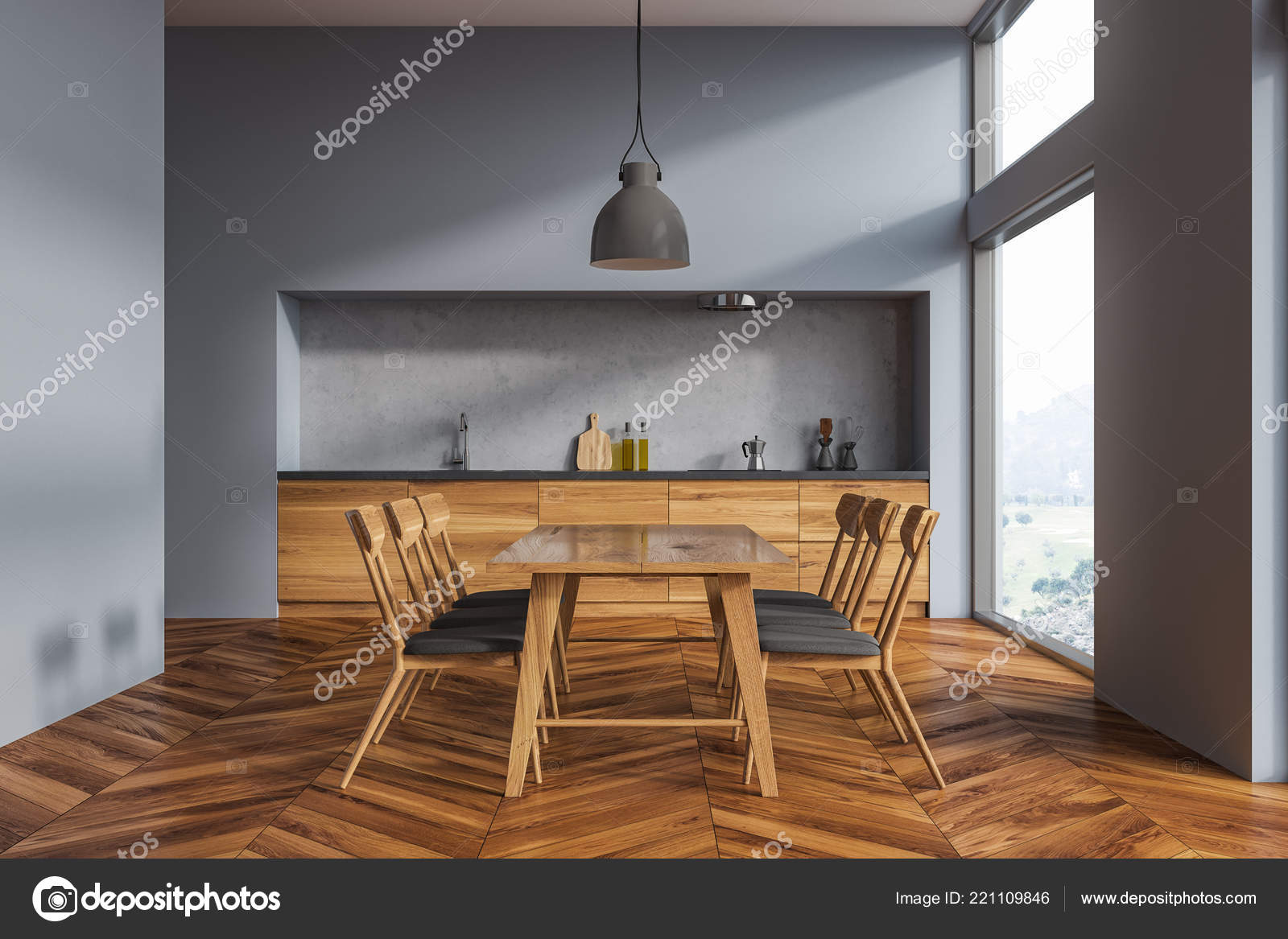 Interior Dining Room Gray Walls Wooden Floor Long Table Chairs