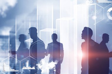 Siluetleri iş adamları büyük çubuk grafik ve infographics ön plan mavi gökyüzü arka plan üzerinde. Görüntü çift pozlama Nasa tarafından döşenmiş bu görüntü unsurları tonda