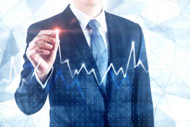 Tanınmayan işadamı grafik geometrik desen duvar arka plan üzerinde parlayan kalemle çizim. Borsa kavramı. Çift tonlu görüntü pozlaması