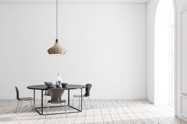 Beyaz duvarları, Beyaz ahşap zemin ve vazo ile siyah tablo ile modern yemek odası iç. 3D render
