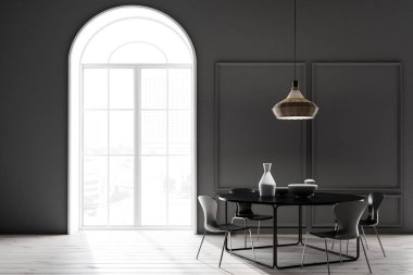 Koyu Gri duvarlar, Beyaz ahşap zemin, siyah tablo vazo ve kemerli pencere ile modern yemek odası iç. 3D render