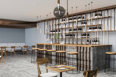 Gri tuğla duvar, beton zemin, ahşap masa ve sandalyeleri vintage bar iç. Şişe raflarda. Küçük iş kavramı. 3D render