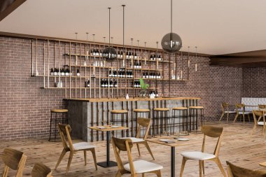 İç şık bar ve restoran ile tuğla duvarlar, ahşap zemin, ahşap masa ve sandalyeleri. Şişe raflarda. Sandalye ile küçük tablolar. 3D render