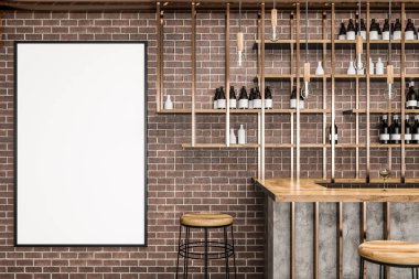 Tuğla duvarlar, ahşap masa ve sandalyeleri ile şık bar iç. Şişe raflarda. Küçük iş kavramı. 3D render dikey sahte başlık çerçevesi kadar