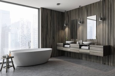 Koyu ahşap duvarlar, gri zemin, beyaz küvet ve çift lavabo ile modern banyo köşesi. Panoramik pencere. 3D render