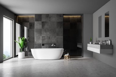 Siyah taş duvarlar, beton zemin, beyaz küvet ve çift lavabo ile modern banyo iç. Çatı penceresi. 3D render