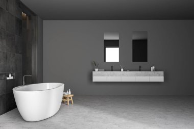 Siyah taş duvarlar, beton zemin, beyaz küvet ve çift lavabo banyo yan görünüm. 3D render