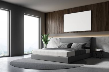 Yatak odası iç ana yatak yuvarlak halı ve beton zemin üzerinde duran duvarlı, gri ve ahşap yan görünüm. Yatay sahte poster duvara kadar. 3D render