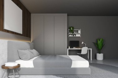 Yatak karyola duran yuvarlak halı ve ev ofis köşe duvarlı, gri ve ahşap. Yatay sahte poster duvara kadar. 3D render