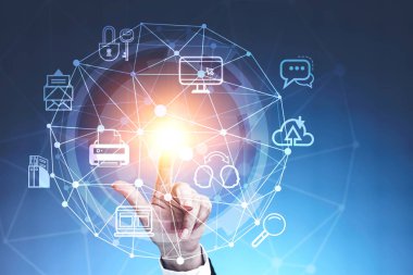 Bilgisayar ve internet kutsal kişilerin resmi ile sürükleyici hud arabirimini kullanarak işkadını el. Ağ kroki. Teknoloji iş kavramı. Çift tonlu görüntü pozlaması