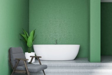 Modern banyo iç yeşil duvarlar, beton zemin, beyaz küvet ve siyah bir koltuk. 3D render