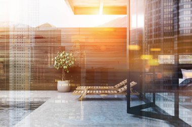 İki güverte sandalyeleri yakınındaki özel havuzlu lüks Villa ahşap duvarlar ile ayakta. Lüks yaşam tarzı kavramı. 3D render resim çift pozlama tonda