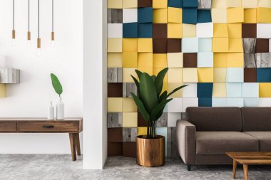 Renkli döşemeler duvar salon iç beton zemin, kahverengi kanepe ve sehpa ile birlikte kapatın. Soldaki ahşap dolap. 3D render