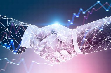 Mavi mor renkli üzerinde iki işadamı el sıkışma. Parlayan grafikleri ön planda. Çift tonlu görüntü pozlaması