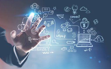 Tanınmayan işadamı mavi arka plan üzerinde Internet simgeleri arabirimini kullanarak el. Kavramı, merhaba teknik Toned görüntü çift pozlama