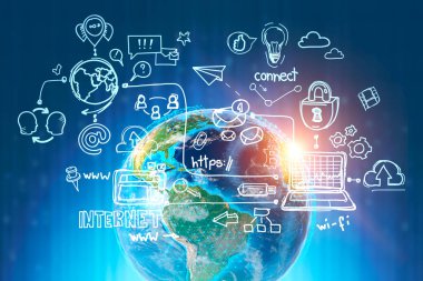 Koyu mavi arka plan karşı Internet simgelerinin dünya üzerinde. Merhaba teknoloji kavramı. 3D render resim çift pozlama Nasa tarafından döşenmiş bu görüntü unsurları tonda