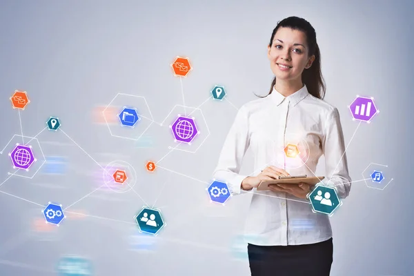 Young Businesswoman Clipboard Standing Gray Wall Internet Things Icons Foreground — Stock Photo, Image
