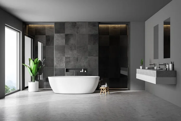 Modern Bathroom Interior Black Tile Walls Concrete Floor White Bathtub — 图库照片