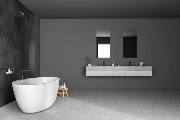 黒いタイル壁 コンクリートの床 白いバスタブ ダブルシンク付きモダンな浴室の側面図です レンダリング — ストック写真