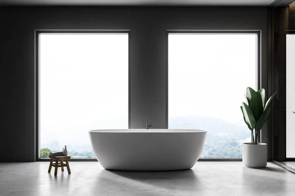现代化的浴室内部配有灰色墙壁 混凝土地板 白色浴缸和两个阁楼窗户 在锅里种植 — 图库照片
