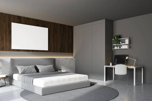 Side Veiw Bedroom Interior Gray Wooden Walls Master Bed Standing — Stock Photo, Image