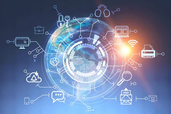 İş iletişim simgeleri hud dijital dünya bir arka plana dayanır. Merhaba teknoloji kavramı. 3D render resim çift pozlama Nasa tarafından döşenmiş bu görüntü unsurları tonda