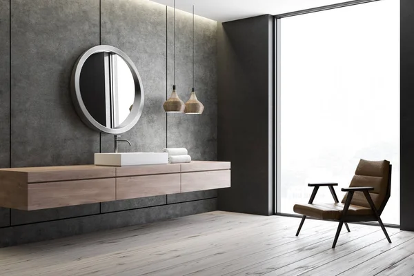 Badezimmerecke Mit Betonwänden Holzboden Und Weißem Eckigem Waschbecken Stehend Auf — Stockfoto