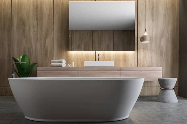 木製壁 コンクリートの床と白角シンク上水平ミラーと木製カウンターの上に立ってのバスルームのインテリア 手前の浴槽 レンダリング — ストック写真