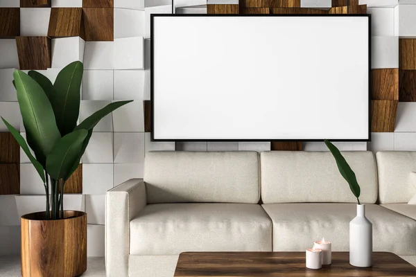 Close up of white and wooden tiled wall living room interior with concrete floor, white sofa, and coffee table. 3d rendering Horizontal mock up poster frame