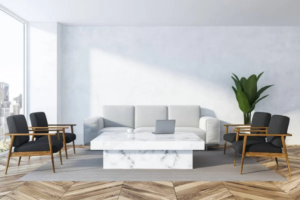 Interior of white living room with white walls, wooden floor, panoramic window, white sofa, gray armchairs and white marble table. 3d rendering