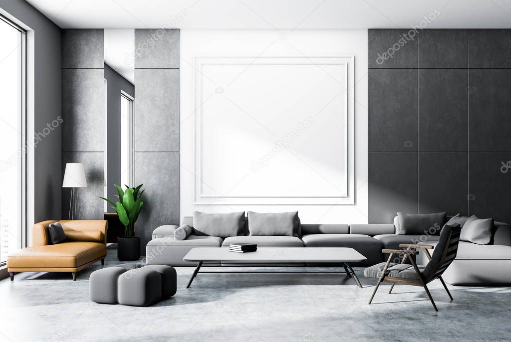 Gray and white wall living room interior with concrete floor, gray and brown sofas, armchair and coffee table with books. 3d rendering mock up