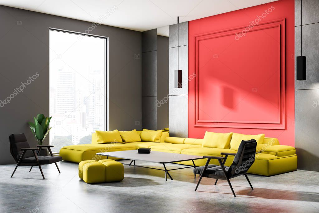 Gray and red wall living room corner with concrete floor, yellow sofa, gray armchair and coffee table with books. 3d rendering mock up