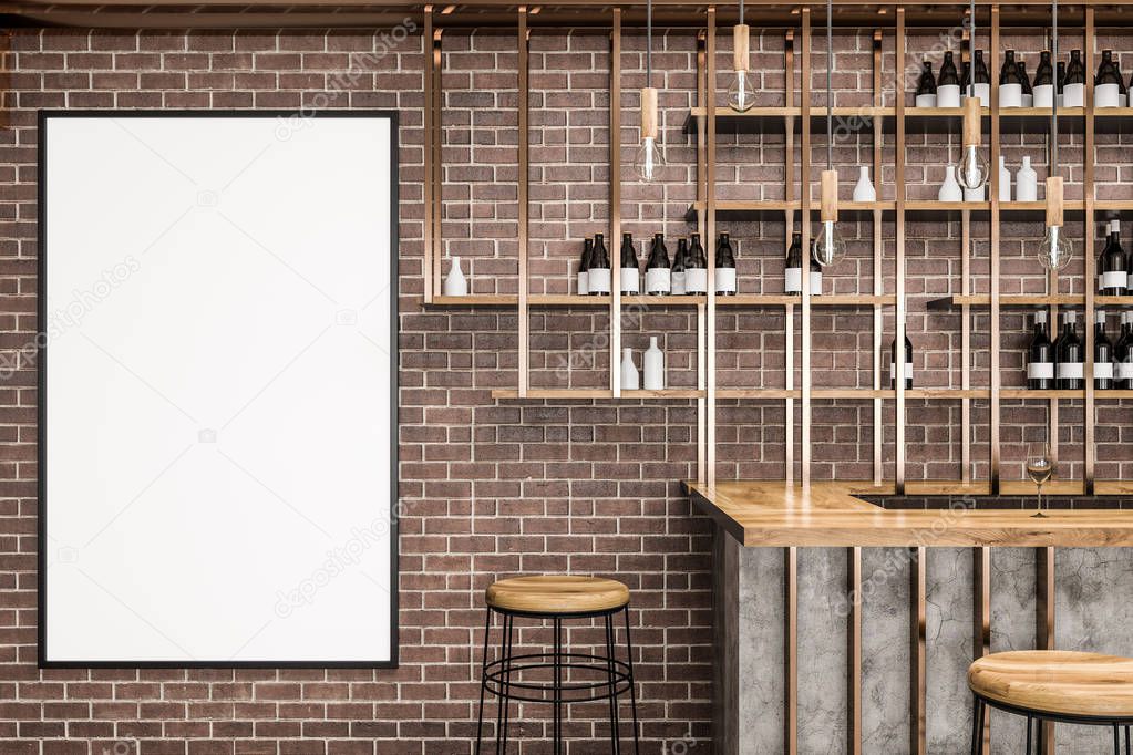 Interior of stylish bar with brick walls, wooden table and stools. Bottles on shelves. Small business concept. 3d rendering vertical mock up banner frame